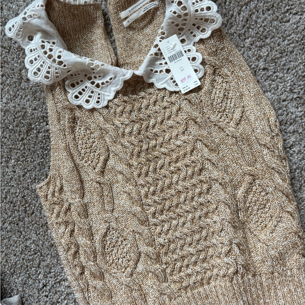 Anthropologie Beige Knit Sleeveless Top with Ruffle Collar - Picture 2 of 2